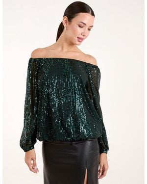 Blue Vanilla Elastic Neck Puffball Sequin Top - Green