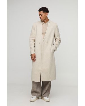 BoohooMAN Oversized Longline Double Breasted Collarless Melton Overcoat - Natural