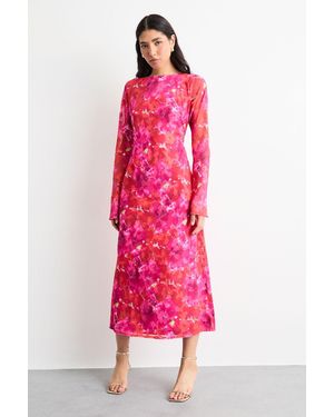 Warehouse Burnout Floral Chiffon Slash Neck Bias Midi Dress - Pink