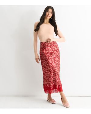 Gini London Floral Lace Trim Bias Midi Skirt - Red