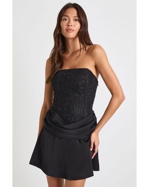 Boohoo Textured Sheer Floral Lace Corset Drape Mini Dress - Black