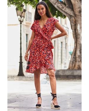 Sosandar Coral Leopard Short Sleeve Ruffle Detail Wrap Jersey Dress - Red