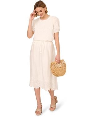 Adrianna Papell Midi Length Crinkled Pull On Flower Embroidered Hem Skirt - White