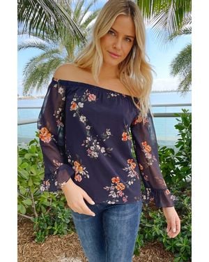 Sosandar Print Sheer Sleeve Bardot Top - Blue