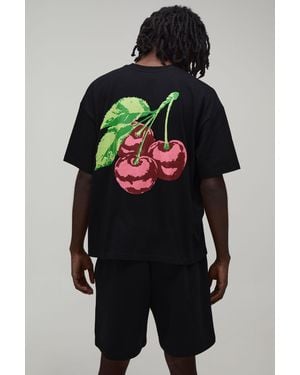 BoohooMAN Oversized Cherry Printed T-Shirt & Baggy Short Set - Black