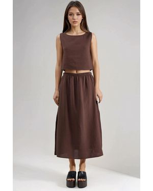 Hiccup Crop Blouse & Slit Detailed Skirt Muslin Two Piece Set - Brown
