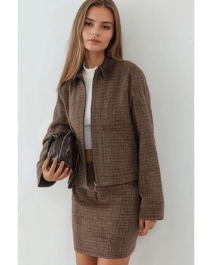 Hiccup Plaid Patterned Wool Blend Jacket With Suede Collar - Brown