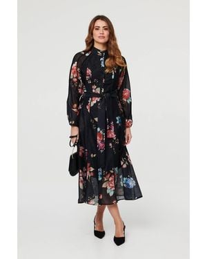 Izabel London Floral Semi Sheer Tie Waist Midi Dress - Black