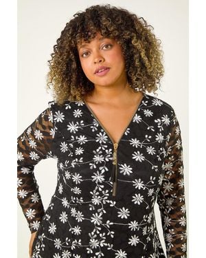 Roman Curve Floral Print V-Neck Zip Front Top - Black