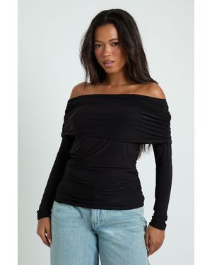Boohoo Fold Over Neck Long Sleeve Top - Black