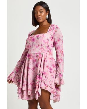 Boohoo Plus Floral Chiffon Skater Dress - Pink