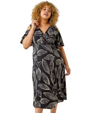 Roman Curve Cold Shoulder Floral Wrap Dress - Black