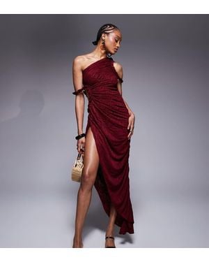 ASOS Design Ruched Asymmetric Textured Midi Dress With Twisted Strapping Details