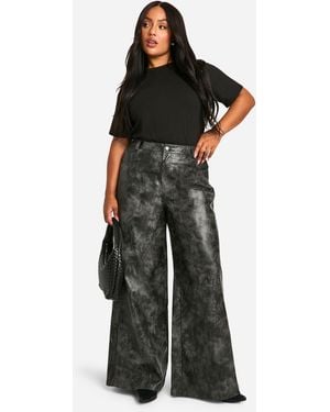 Boohoo Plus Washed Faux Leather Wide Leg Trouser - Black