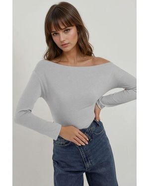 Hiccup Striped Off-Shoulder Long Sleeve Ribbed Knit Top - Grey