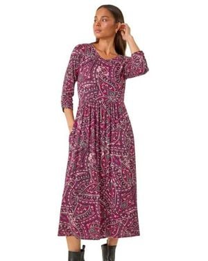 Roman Petite Paisley Pocket Midi Dress - Purple