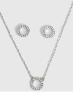 Boohoo Diamante Circle Necklace And Stud Earring Set - White