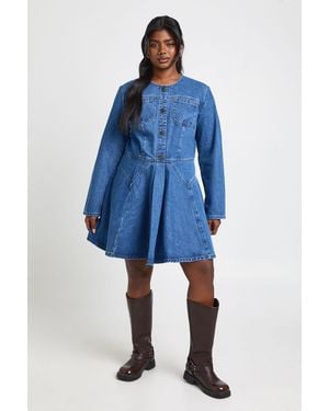 Boohoo Plus Denim Button Skater Dress - Blue