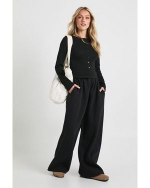 Boohoo Petite Rib Button Through Long Sleeve Tracksuit - Black