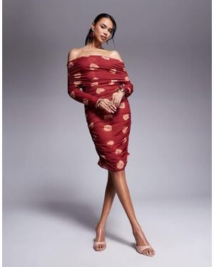 Never Fully Dressed Bardot Ruched Heart Print Mesh Mini Dress - Red