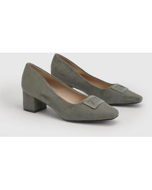 Wallis Danny Faux Suede Square Toe Covered Buckle Medium Block Heel Court Shoes - Green