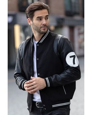 Ashwood Leather '7' Wool And Real Varsity Jacket With Striped Collar - Black