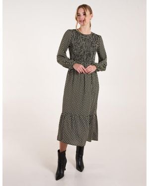 Blue Vanilla Polka Dot Shirred Cuff Sleeve Midi Dress - Natural
