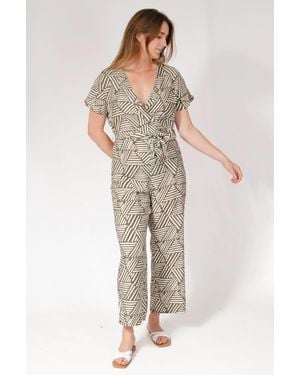 New Look Summer Print Tie Waist Short Sleeve Jumpsuit - Grey