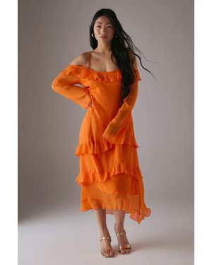 Warehouse Petite Chiffon Ruffle Cold Shoulder Midi Dress - Orange