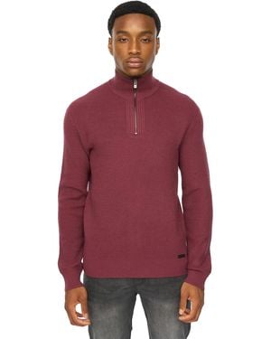 Duck and Cover Potenza Knitted Quarter Zip Jumper (Raisin) - Red