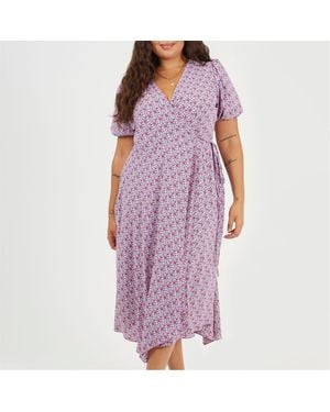 Brave Soul Curve V-Neck Short Sleeve Midi Dress - Purple