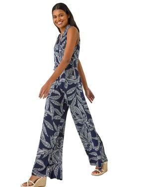 Roman Leaf Puff Print Crossover Jumpsuit - Blue
