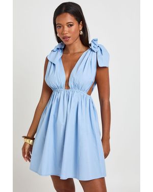 Boohoo Cotton Poplin Tie Shoulder Mini Skater Dress - Blue