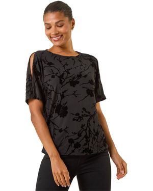 Roman Floral Flocked Stretch Top - Black