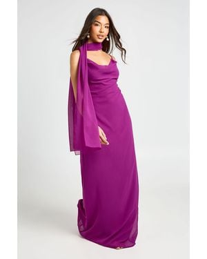 Boohoo Chiffon Cowl Neck Maxi Dress With Scarf - Purple