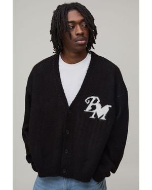 BoohooMAN Boxy Oversized Fluffy Knitted Cardigan - Black