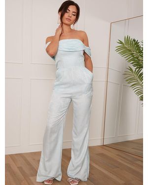 Chi Chi London Petite Bardot Jacquard Jumpsuit - Blue