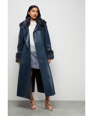 Warehouse Pu Belted Faux Fur Collar Trench Coat - Blue