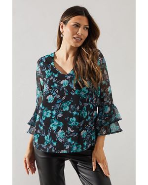 Wallis Floral Flute Sleeve Top - Black