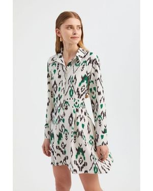 Hiccup Abstract Polo Neck Long Sleeve Mini A-Line Dress With A Button Detail - White