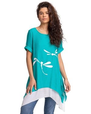 Roman Dragonfly Print Asymmetric Tunic Top - Blue