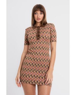 Hiccup Geometric Polo Collar Short Sleeve Mini Vintage Dress - Brown
