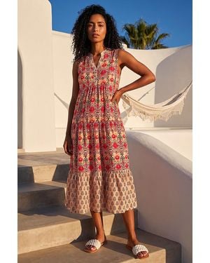 Roman Border Print Smock Dress - Red