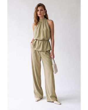 MixRay Halter Blouse And Wide-Leg Trousers Set - Green