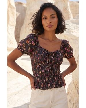 D.u.s.k Floral Shimmer Tie Front Top - Brown