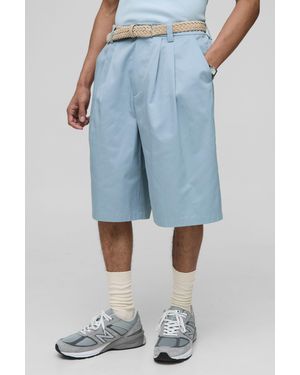 BoohooMAN Relaxed Fit Fixed Waistband Pleat Detail Jorts - Blue