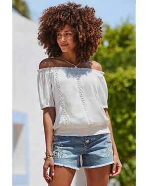 Sosandar Light Wash Embroidered Floral Raw Edge Denim Shorts - Blue