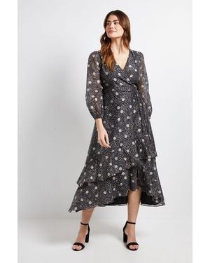 Wallis Polka Dot Ruffle Wrap Midi Dress - Black