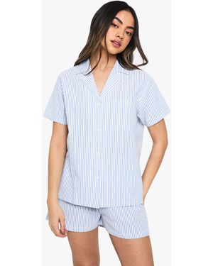 Boohoo Seersucker Stripe Short Sleeve Shirt & Shorts Pyjama Set - White