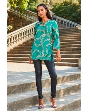 Sosandar Chain Print Lace Front Longline Tunic Top - Green